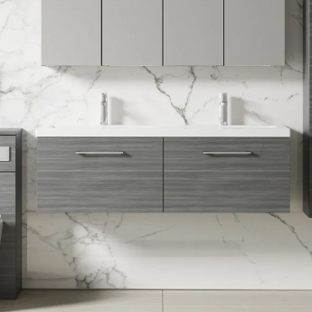 Nuie Arno Wall Hung 2-Drawer Vanity Unit with Double Ceramic Basin 1200mm Wide - Anthracite Woodgrain
