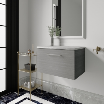 Nuie Arno Wall Hung 1-Drawer Vanity Unit with Bellato Grey Worktop 600mm Wide - Anthracite Woodgrain