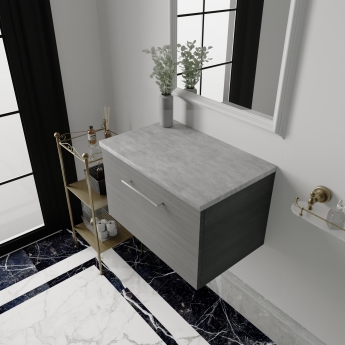 Nuie Arno Wall Hung 1-Drawer Vanity Unit with Bellato Grey Worktop 600mm Wide - Black Woodgrain