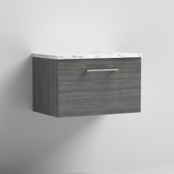 Nuie Arno Wall Hung 1-Drawer Vanity Unit with Carrera Marble Worktop 600mm Wide - Anthracite Woodgrain | Product Image