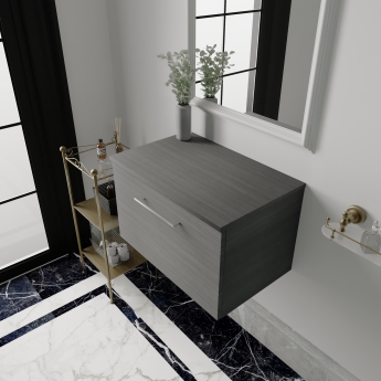 Nuie Arno Wall Hung 1-Drawer Vanity Unit with Worktop 600mm Wide - Anthracite Woodgrain