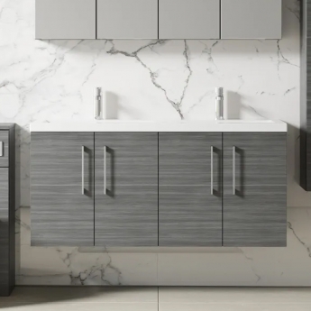 Nuie Arno Wall Hung 4-Door Vanity Unit with Double Ceramic Basin 1200mm Wide - Anthracite Woodgrain