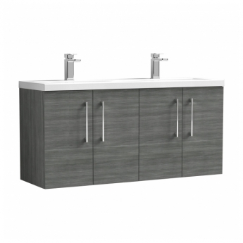 Nuie Arno Wall Hung 4-Door Vanity Unit with Double Ceramic Basin 1200mm Wide - Anthracite Woodgrain