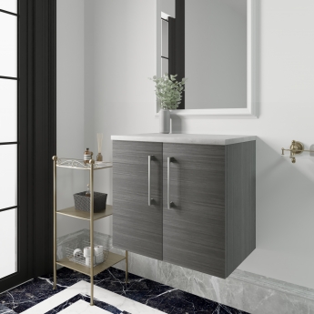 Nuie Arno Wall Hung 2-Door Vanity Unit with Bellato Grey Worktop 600mm Wide - Anthracite Woodgrain