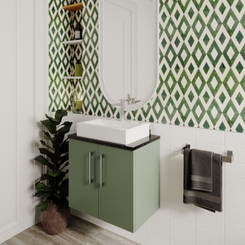 Nuie Arno Wall Hung 2-Door Vanity Unit with Bellato Grey Worktop 600mm Wide - Satin Green