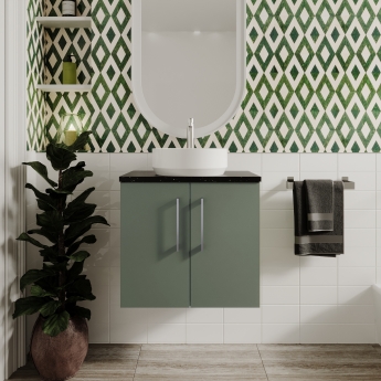 Nuie Arno Wall Hung 2-Door Vanity Unit with Bellato Grey Worktop 600mm Wide - Satin Green