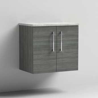 Nuie Arno Wall Hung 2-Door Vanity Unit with Bellato Grey Worktop 600mm Wide - Anthracite Woodgrain