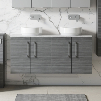 Nuie Arno Wall Hung 4-Door Vanity Unit with Bellato Grey Worktop 1200mm Wide - Anthracite Woodgrain | Product Image