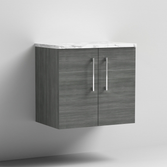 Nuie Arno Wall Hung 2-Door Vanity Unit with Carrera Marble Worktop 600mm Wide - Anthracite Woodgrain | Product Image