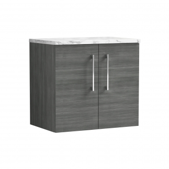 Nuie Arno Wall Hung 2-Door Vanity Unit with Carrera Marble Worktop 600mm Wide - Anthracite Woodgrain | Product Image
