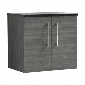 Nuie Arno Wall Hung 2-Door Vanity Unit with Sparkling Black Worktop 600mm Wide - Anthracite Woodgrain