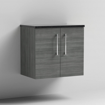 Nuie Arno Wall Hung 2-Door Vanity Unit with Sparkling Black Worktop 600mm Wide - Anthracite Woodgrain