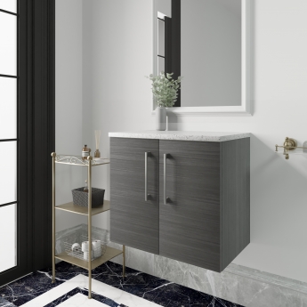Nuie Arno Wall Hung 2-Door Vanity Unit with Sparkling White Worktop 600mm Wide - Anthracite Woodgrain
