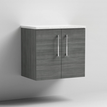 Nuie Arno Wall Hung 2-Door Vanity Unit with Sparkling White Worktop 600mm Wide - Anthracite Woodgrain