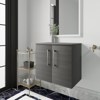 Nuie Arno Wall Hung 2-Door Vanity Unit with Worktop 600mm Wide - Anthracite Woodgrain