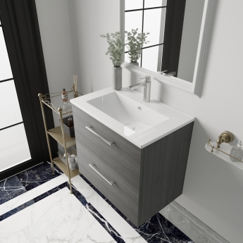 Nuie Arno Wall Hung 2-Drawer Vanity Unit with Basin-2 600mm Wide - Anthracite Woodgrain