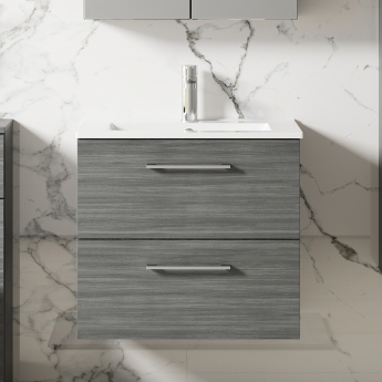 Nuie Arno Wall Hung 2-Drawer Vanity Unit with Basin-2 600mm Wide - Anthracite Woodgrain