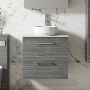 Nuie Arno Wall Hung 2-Drawer Vanity Unit with Bellato Grey Worktop 600mm Wide - Anthracite Woodgrain
