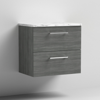 Nuie Arno Wall Hung 2-Drawer Vanity Unit with Carrera Marble Worktop 600mm Wide - Anthracite Woodgrain | Product Image