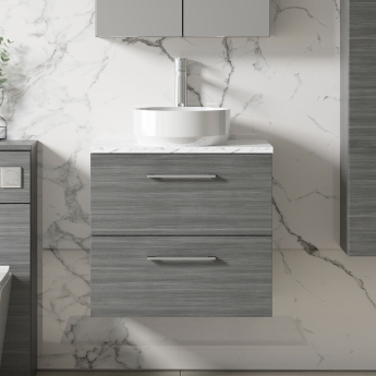 Nuie Arno Wall Hung 2-Drawer Vanity Unit with Carrera Marble Worktop 600mm Wide - Anthracite Woodgrain | Product Image