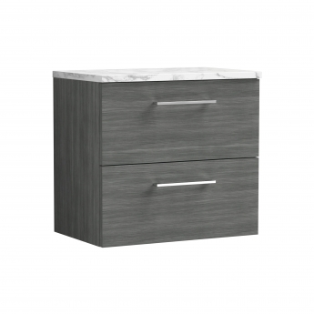 Nuie Arno Wall Hung 2-Drawer Vanity Unit with Carrera Marble Worktop 600mm Wide - Anthracite Woodgrain | Product Image