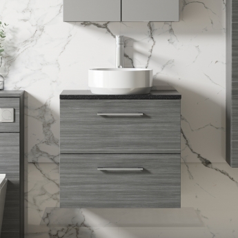 Nuie Arno Wall Hung 2-Drawer Vanity Unit with Sparkling Black Worktop 600mm Wide - Anthracite Woodgrain