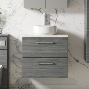 Nuie Arno Wall Hung 2-Drawer Vanity Unit with Sparkling White Worktop 600mm Wide - Anthracite Woodgrain