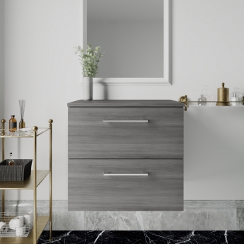 Nuie Arno Wall Hung 2-Drawer Vanity Unit with Worktop 600mm Wide - Anthracite Woodgrain
