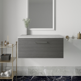 Nuie Arno Wall Hung 1-Drawer Vanity Unit with Bellato Grey Worktop 800mm Wide - Anthracite Woodgrain