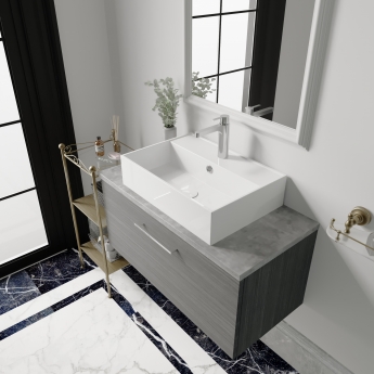 Nuie Arno Wall Hung 1-Drawer Vanity Unit with Bellato Grey Worktop 800mm Wide - Solace Oak Woodgrain