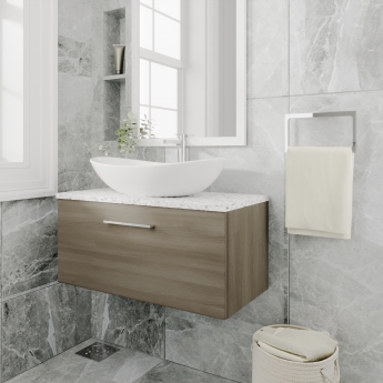 Nuie Arno Wall Hung 1-Drawer Vanity Unit with Sparkling White Worktop 800mm Wide - Solace Oak Woodgrain