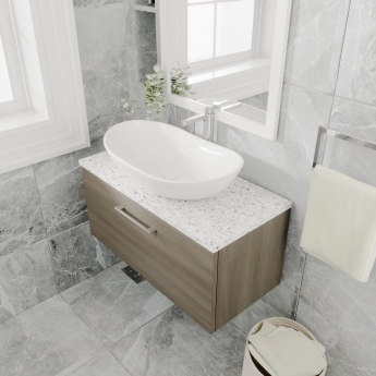 Nuie Arno Wall Hung 1-Drawer Vanity Unit with Sparkling White Worktop 800mm Wide - Solace Oak Woodgrain