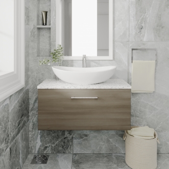 Nuie Arno Wall Hung 1-Drawer Vanity Unit with Sparkling White Worktop 800mm Wide - Solace Oak Woodgrain