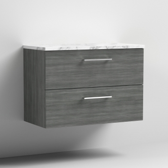 Nuie Arno Wall Hung 2-Drawer Vanity Unit with Carrera Marble Worktop 800mm Wide - Anthracite Woodgrain | Product Image