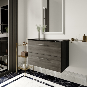 Nuie Arno Wall Hung 2-Drawer Vanity Unit with Sparkling Black Worktop 800mm Wide - Anthracite Woodgrain