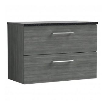 Nuie Arno Wall Hung 2-Drawer Vanity Unit with Sparkling Black Worktop 800mm Wide - Anthracite Woodgrain