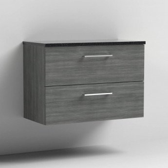 Nuie Arno Wall Hung 2-Drawer Vanity Unit with Sparkling Black Worktop 800mm Wide - Anthracite Woodgrain