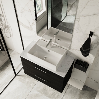 Nuie Arno Wall Hung 2-Drawer Vanity Unit with Sparkling White Worktop 800mm Wide - Black Woodgrain