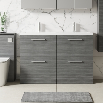 Nuie Arno Floor Standing 4-Drawer Vanity Unit with Double Ceramic Basin 1200mm Wide - Anthracite Woodgrain | Product Image
