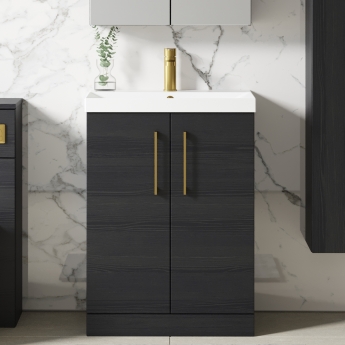 Nuie Arno Floor Standing 2-Door Vanity Unit with Basin-3 600mm Wide - Black Woodgrain