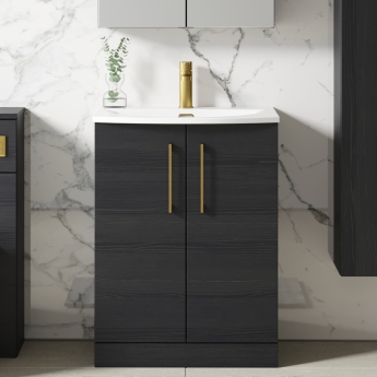 Nuie Arno Floor Standing 2-Door Vanity Unit with Basin-4 600mm Wide - Black Woodgrain