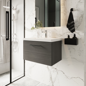 Nuie Arno Wall Hung 1-Drawer Vanity Unit with Basin-3 600mm Wide - Black Woodgrain