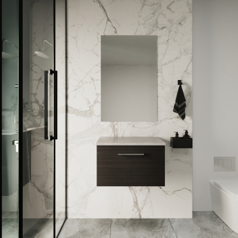 Nuie Arno Wall Hung 1-Drawer Vanity Unit with Bellato Grey Worktop 600mm Wide - Black Woodgrain