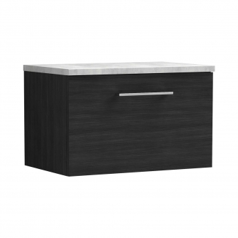 Nuie Arno Wall Hung 1-Drawer Vanity Unit with Bellato Grey Worktop 600mm Wide - Black Woodgrain