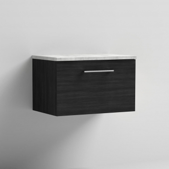 Nuie Arno Wall Hung 1-Drawer Vanity Unit with Bellato Grey Worktop 600mm Wide - Black Woodgrain