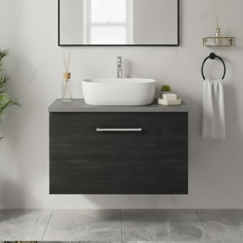 Nuie Arno Wall Hung 1-Drawer Vanity Unit with Bellato Grey Worktop 600mm Wide - Black Woodgrain