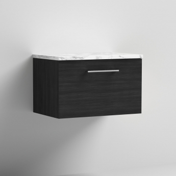 Nuie Arno Wall Hung 1-Drawer Vanity Unit with Carrera Marble Worktop 600mm Wide - Charcoal Black Woodgrain | Product Image