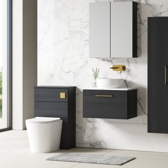 Nuie Arno Wall Hung 1-Drawer Vanity Unit with Carrera Marble Worktop 600mm Wide - Charcoal Black Woodgrain | Product Image