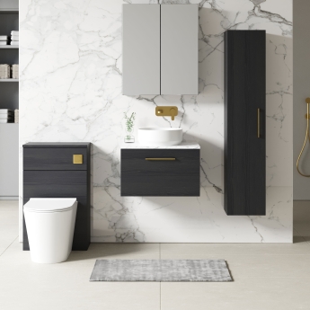 Nuie Arno Wall Hung 1-Drawer Vanity Unit with Carrera Marble Worktop 600mm Wide - Charcoal Black Woodgrain | Product Image