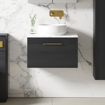 Nuie Arno Wall Hung 1-Drawer Vanity Unit with Carrera Marble Worktop 600mm Wide - Charcoal Black Woodgrain | Product Image